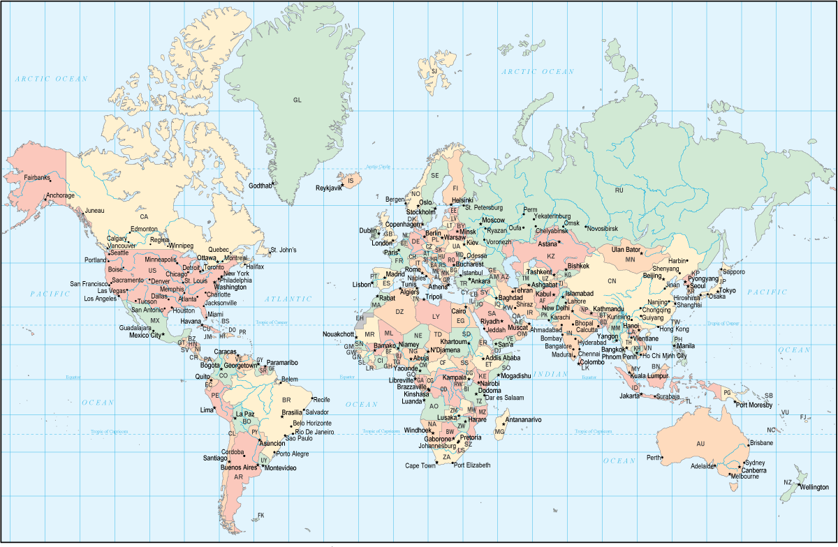 detailed world map, showing country ISO codes